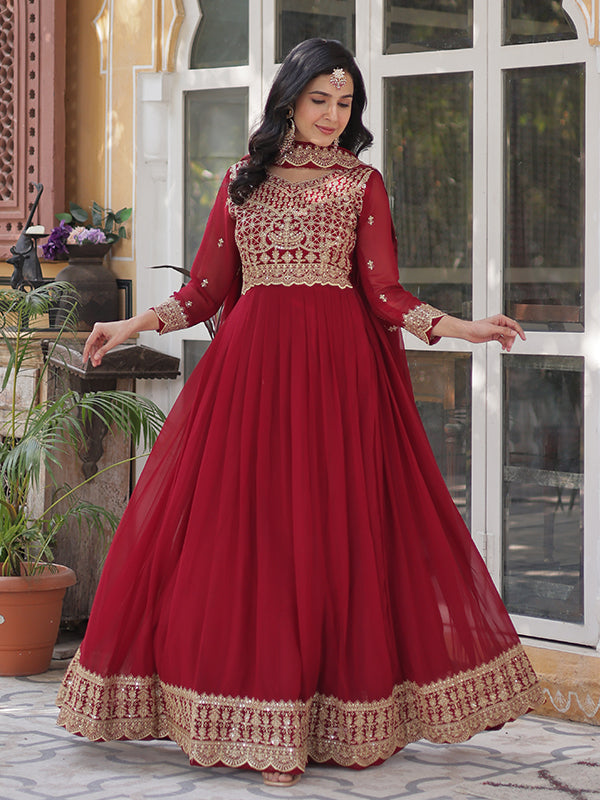 Maroon Faux Blooming Sequins Embroidered Gown With Dupatta