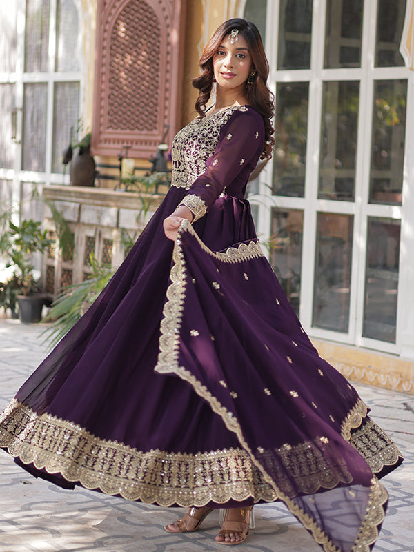 Wine Faux Blooming Sequins Embroidered Gown With Dupatta