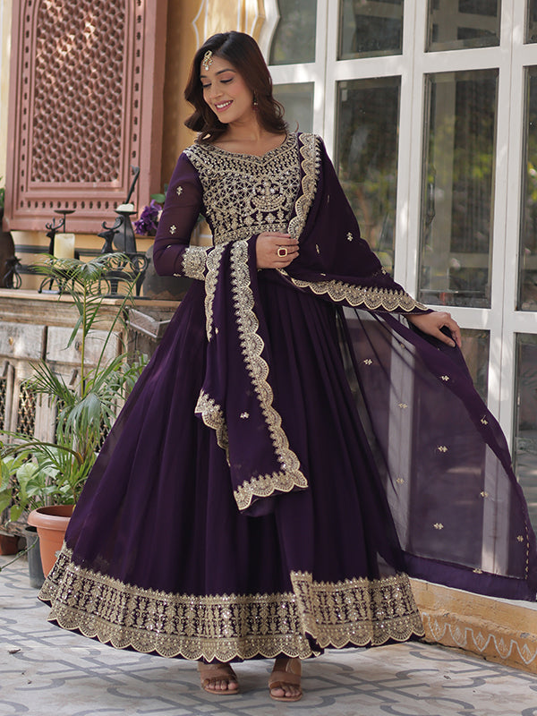 Wine Faux Blooming Sequins Embroidered Gown With Dupatta