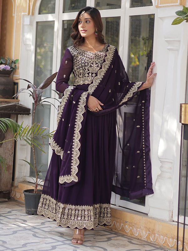 Wine Faux Blooming Sequins Embroidered Gown With Dupatta