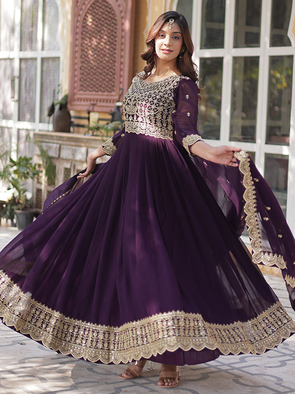 Wine Faux Blooming Sequins Embroidered Gown With Dupatta