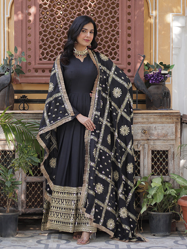 Black Georgette Zari Sequins Embroidered Gown With Dupatta