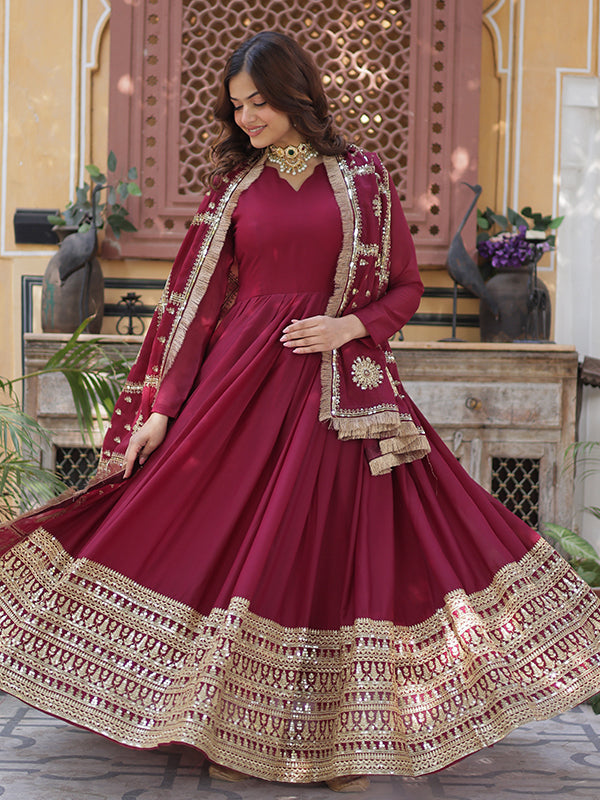 Maroon Georgette Zari Sequins Embroidered Gown With Dupatta