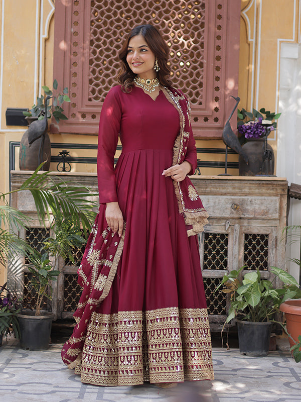 Maroon Georgette Zari Sequins Embroidered Gown With Dupatta