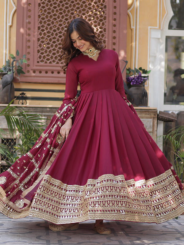 Maroon Georgette Zari Sequins Embroidered Gown With Dupatta