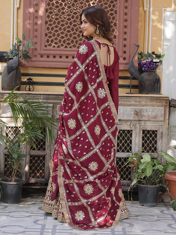 Maroon Georgette Zari Sequins Embroidered Gown With Dupatta