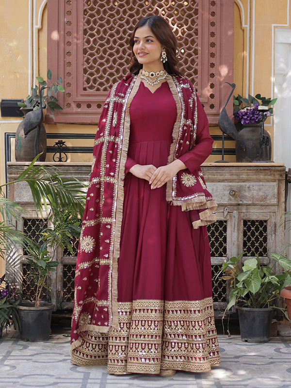 Maroon Georgette Zari Sequins Embroidered Gown With Dupatta