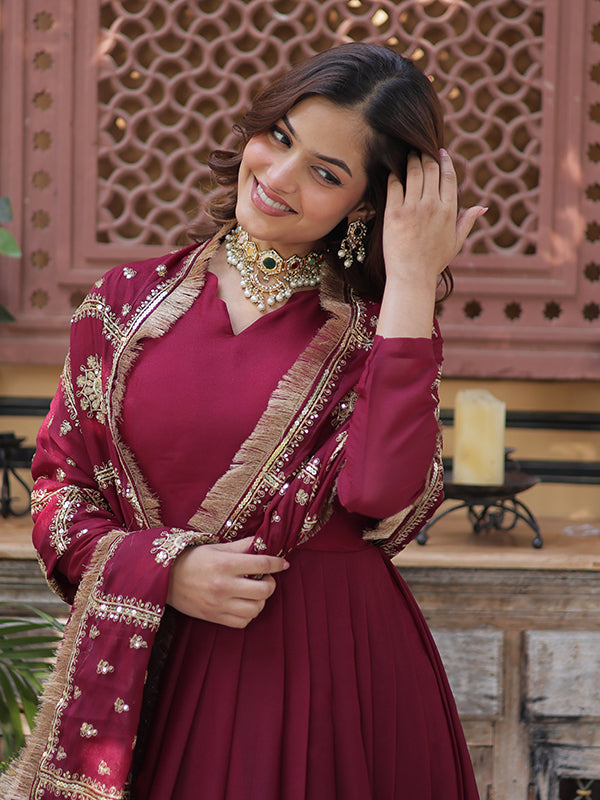 Maroon Georgette Zari Sequins Embroidered Gown With Dupatta