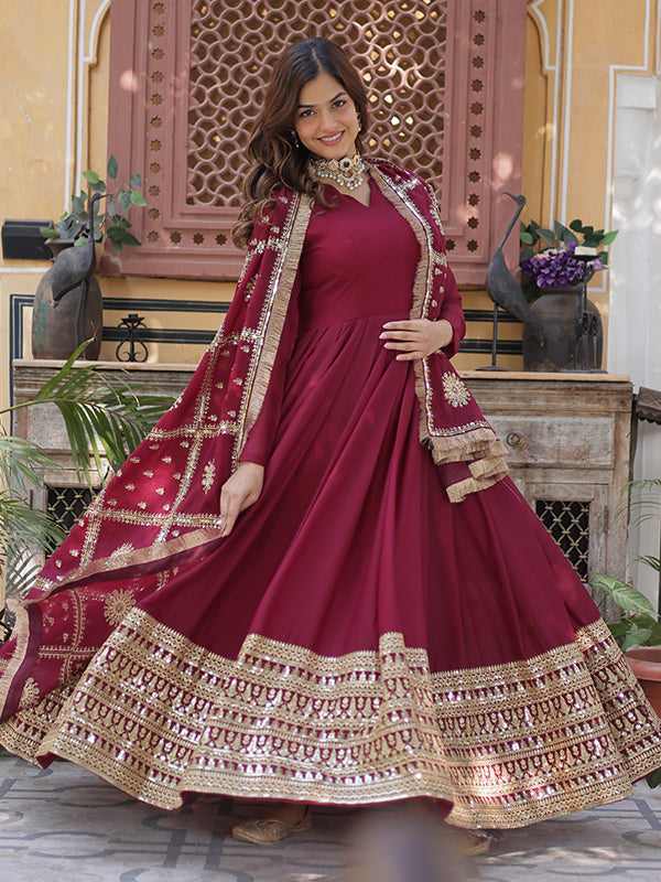 Maroon Georgette Zari Sequins Embroidered Gown With Dupatta