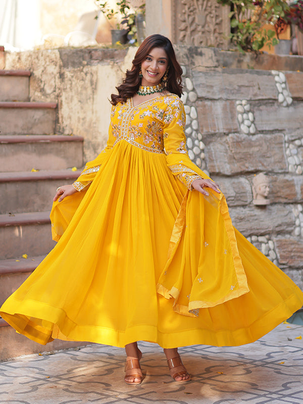 Yellow Faux Blooming Alia Cut Embroidered Suit Set