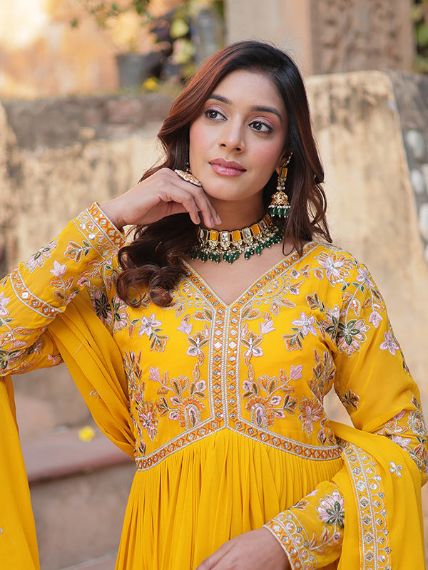 Yellow Faux Blooming Alia Cut Embroidered Suit Set