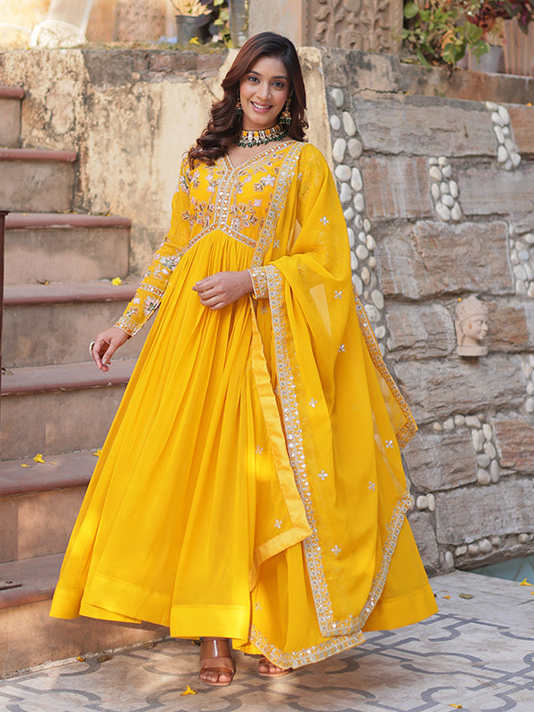 Yellow Faux Blooming Alia Cut Embroidered Suit Set