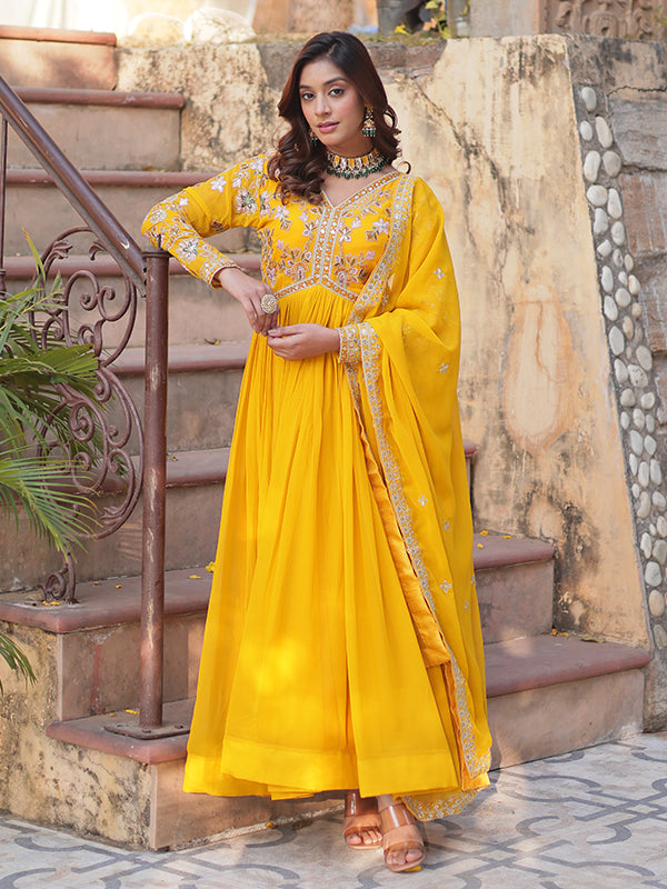 Yellow Faux Blooming Alia Cut Embroidered Suit Set