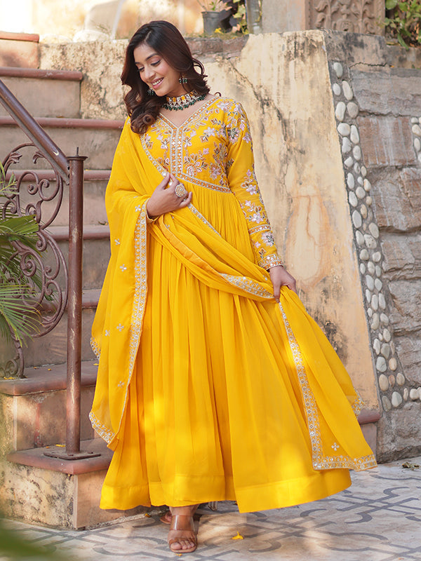 Yellow Faux Blooming Alia Cut Embroidered Suit Set