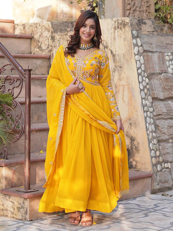 Yellow Faux Blooming Alia Cut Embroidered Suit Set