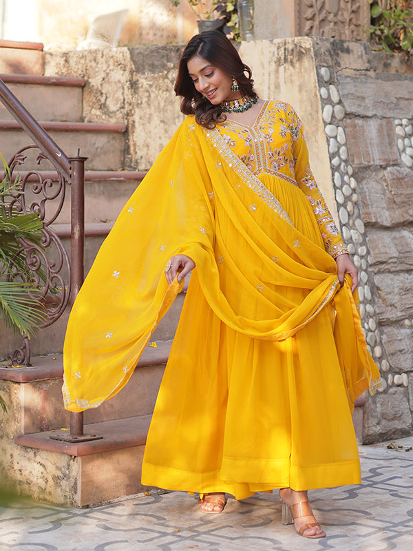 Yellow Faux Blooming Alia Cut Embroidered Suit Set