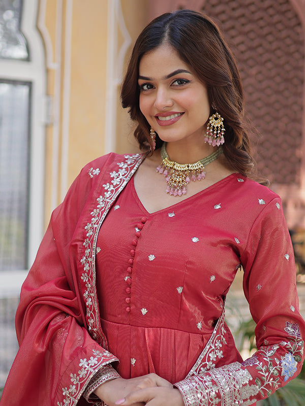 Orange Viscose Cosmos Embroidered Work Gown With Dupatta