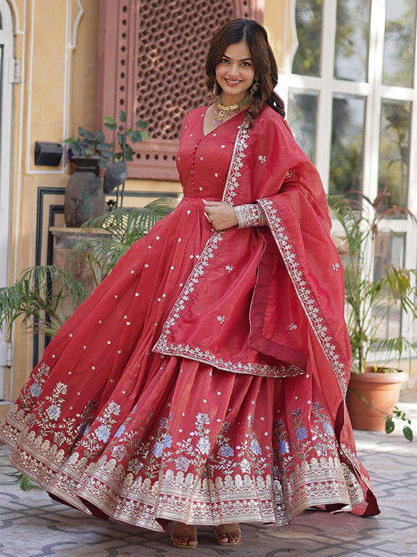 Orange Viscose Cosmos Embroidered Work Gown With Dupatta