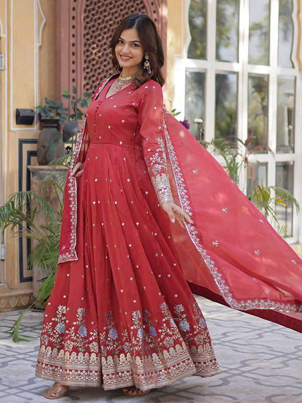 Orange Viscose Cosmos Embroidered Work Gown With Dupatta