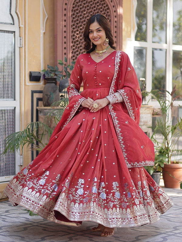 Orange Viscose Cosmos Embroidered Work Gown With Dupatta