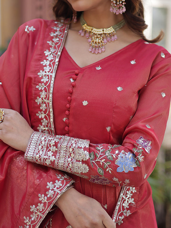Orange Viscose Cosmos Embroidered Work Gown With Dupatta