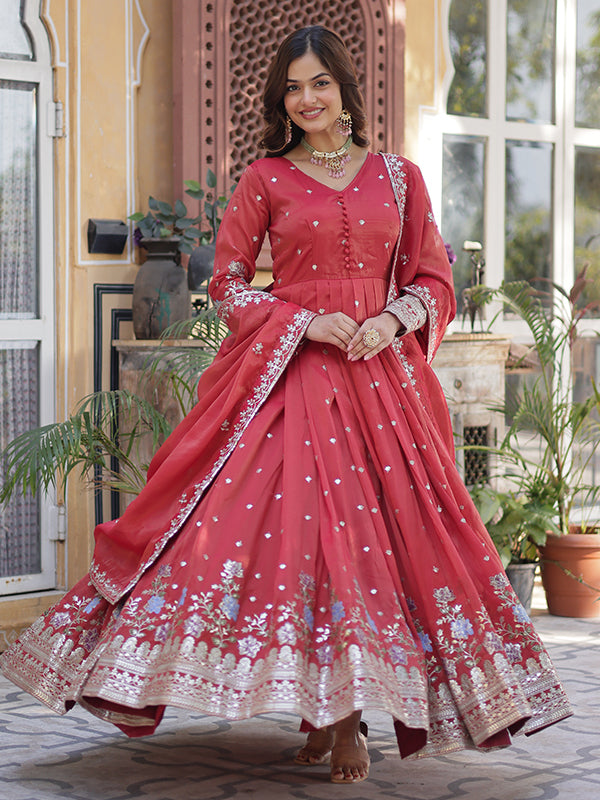 Orange Viscose Cosmos Embroidered Work Gown With Dupatta