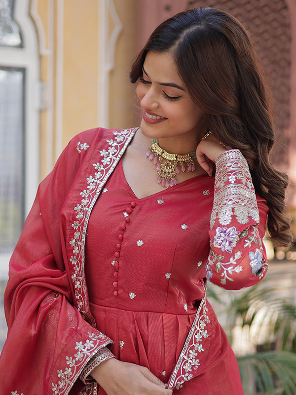 Orange Viscose Cosmos Embroidered Work Gown With Dupatta