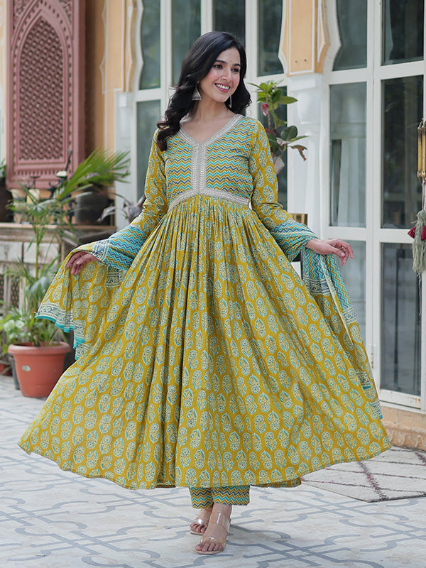 Parrot Floral Printed Cotton Gown With Pant & Dupatta Set