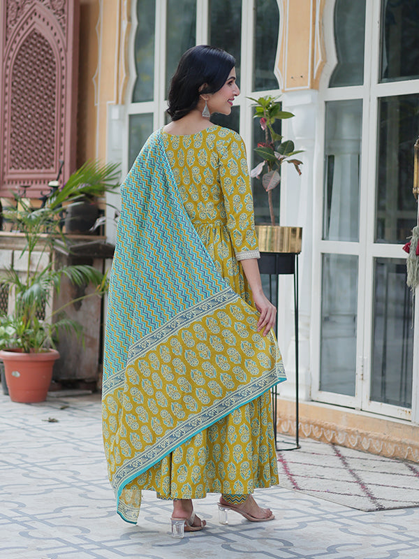 Parrot Floral Printed Cotton Gown With Pant & Dupatta Set