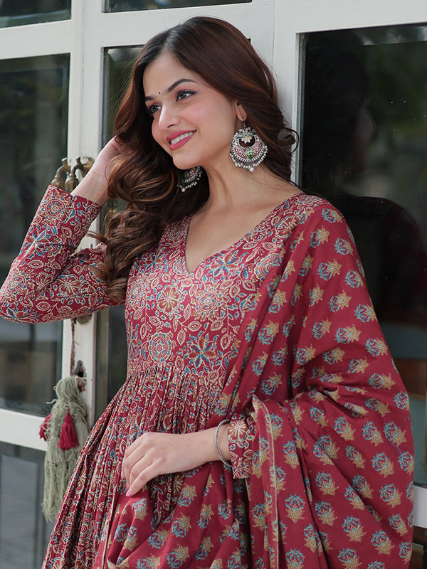 Maroon Floral Printed Cotton Gown With Pant & Dupatta Set