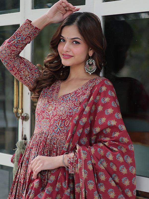 Maroon Floral Printed Cotton Gown With Pant & Dupatta Set