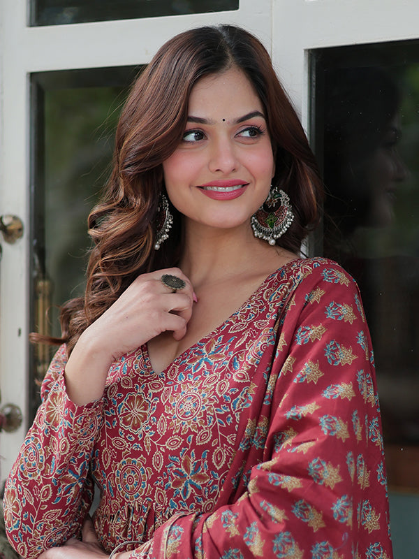 Maroon Floral Printed Cotton Gown With Pant & Dupatta Set
