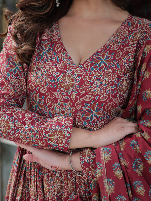 Maroon Floral Printed Cotton Gown With Pant & Dupatta Set