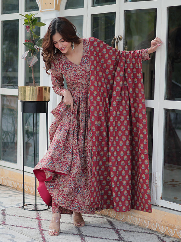 Maroon Floral Printed Cotton Gown With Pant & Dupatta Set