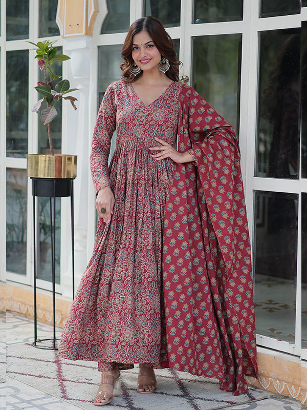 Maroon Floral Printed Cotton Gown With Pant & Dupatta Set