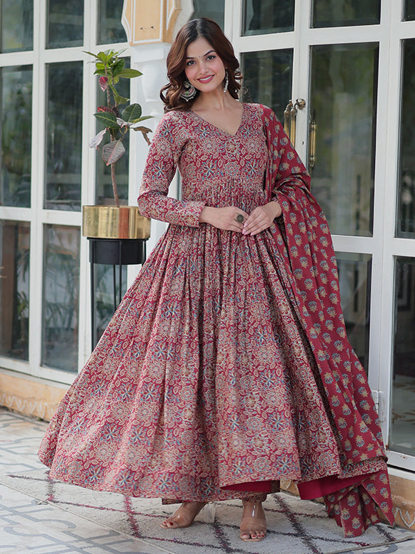 Maroon Floral Printed Cotton Gown With Pant & Dupatta Set