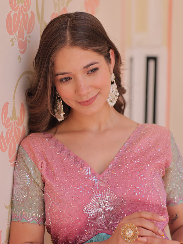 Peach Gold Crush With Beads Embroidered Work Gown