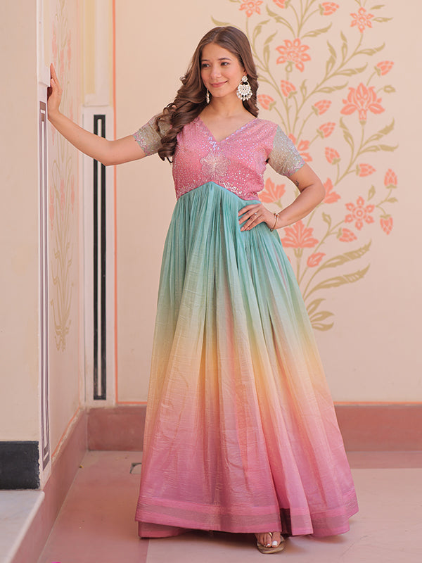 Peach Gold Crush With Beads Embroidered Work Gown