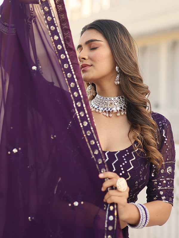 Purple Heavy Sequins & Thread Embroidered Lehenga Choli