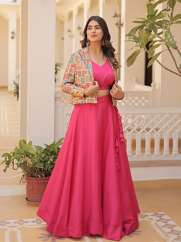 Pink Chinon Lehenga Choli With Jquard Designer Koti