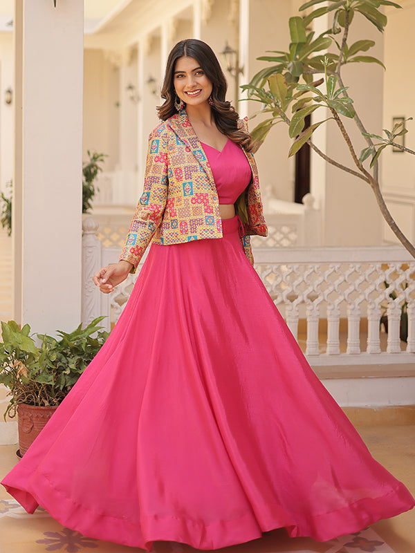 Pink Chinon Lehenga Choli With Jquard Designer Koti