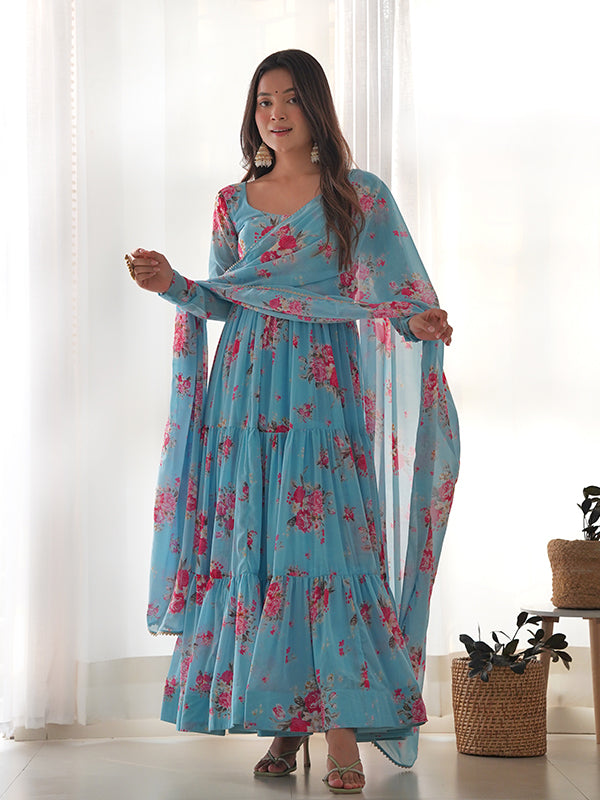 Sky Layered Flower Printed Anarkali Gown With Pant & Dupatta Set