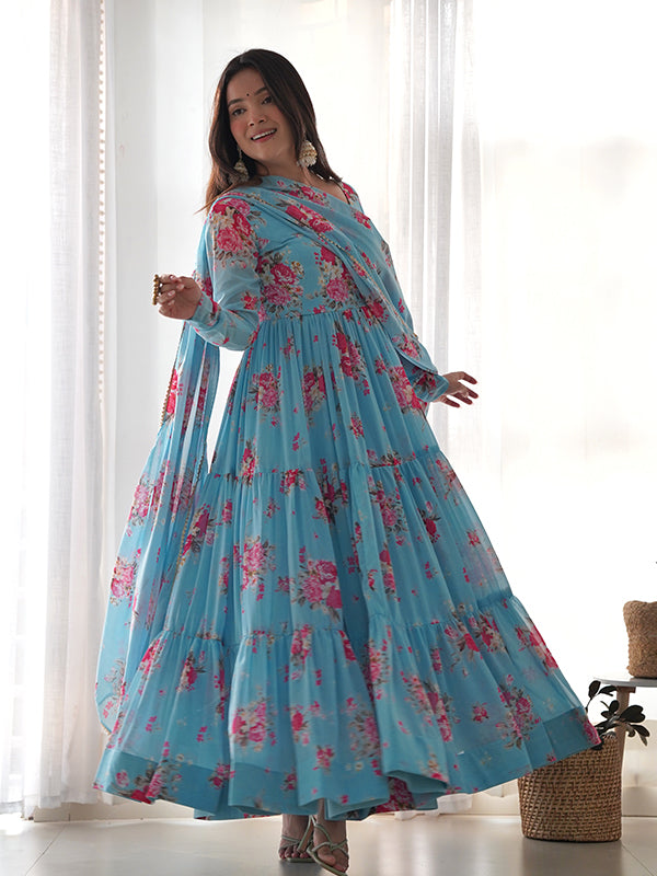 Sky Layered Flower Printed Anarkali Gown With Pant & Dupatta Set