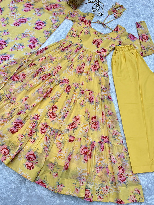 Yellow Layered Flower Printed Anarkali Gown With Pant & Dupatta Set