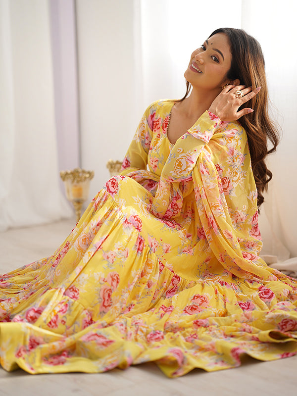 Yellow Layered Flower Printed Anarkali Gown With Pant & Dupatta Set