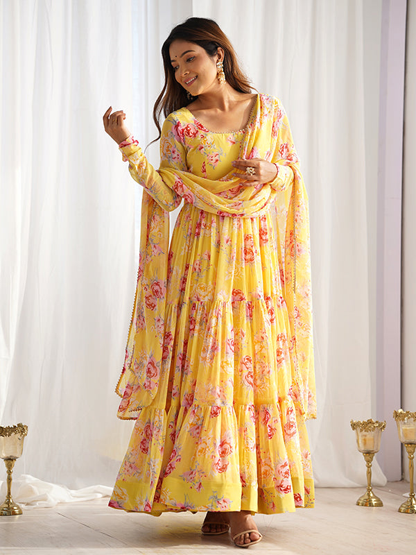 Yellow Layered Flower Printed Anarkali Gown With Pant & Dupatta Set