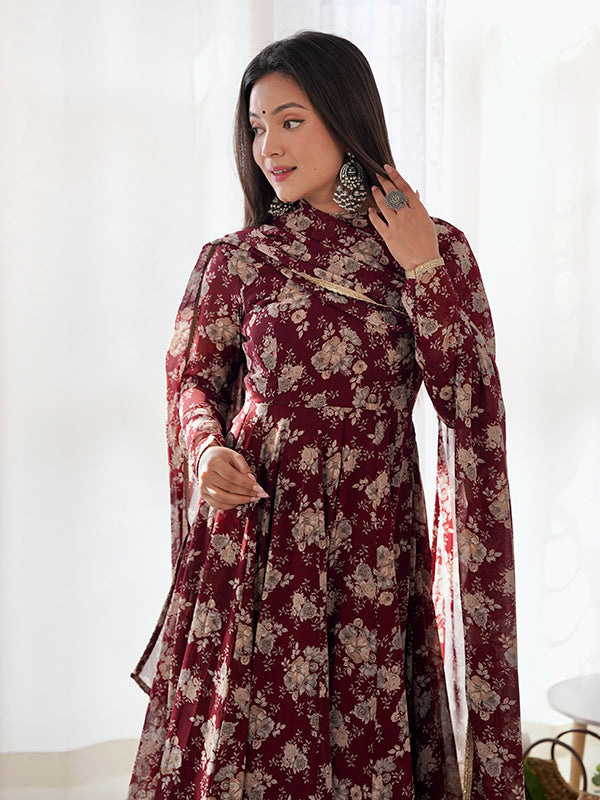 Maroon Printed Anarkali Gown With Pant & Dupatta Set