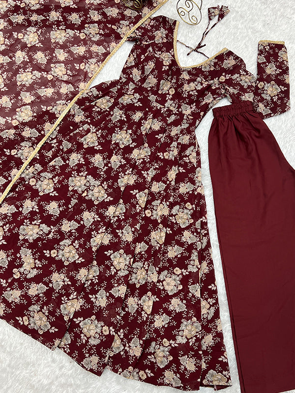 Maroon Printed Anarkali Gown With Pant & Dupatta Set