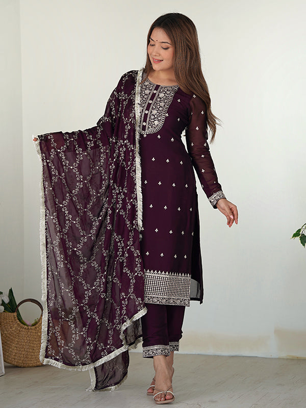 Wine Silk Embroidered Straight Kurti With Pant & Dupatta Set