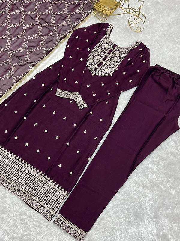 Wine Silk Embroidered Straight Kurti With Pant & Dupatta Set